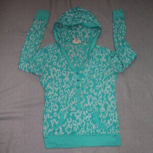 OP Lightweight Sheer Junior's Long Sleeve Hoodie Size L 11/13 Aqua Leopard Print